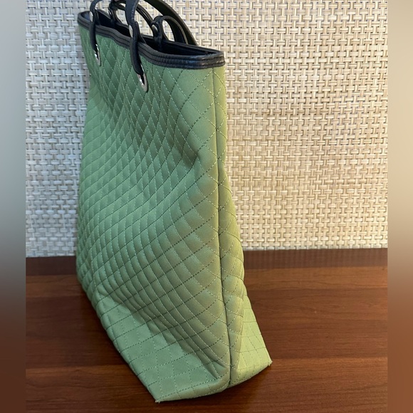 🌟3xHP🌟VTG 1990s Green Quilted Tote Bag Dark Brown Leather Trim Casual Corner - Picture 5 of 15
